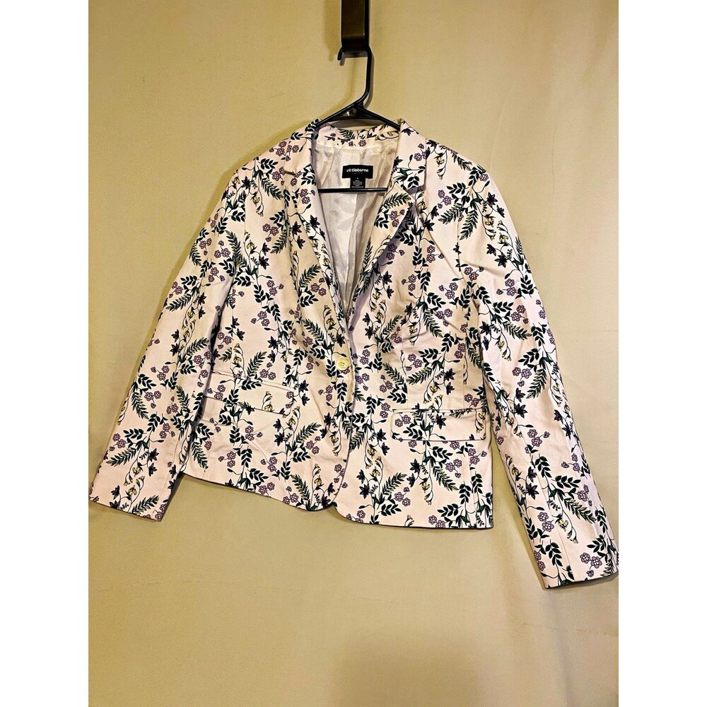 Liz Claiborne Career Women's Blazer L White Floral Button Lined Long Sleeve